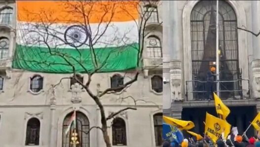 huge tricolor hoisted at High Commission in London