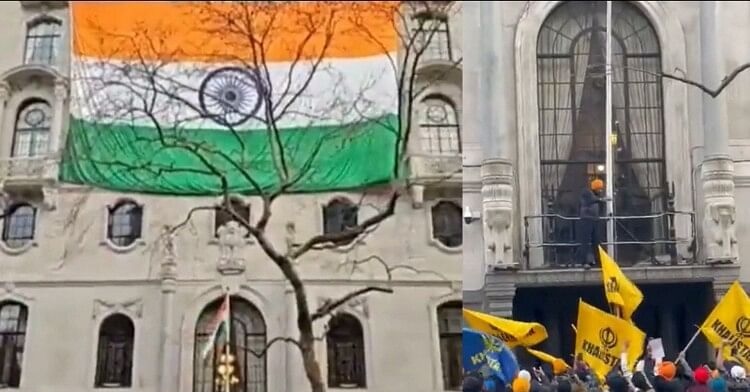 huge tricolor hoisted at High Commission in London