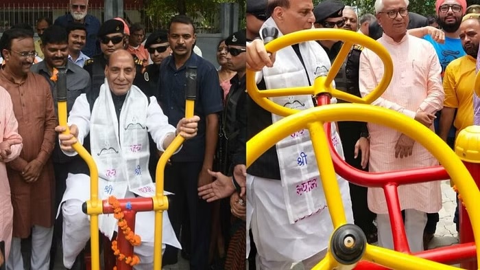 Rajnath Singh workout in open gym