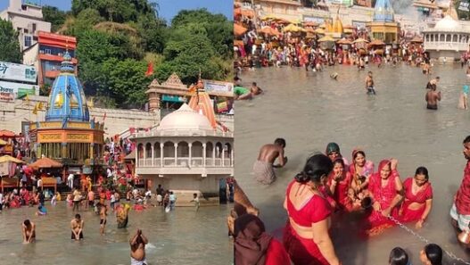 Devotees took a dip in the Ganga at Har Ki Paidi today